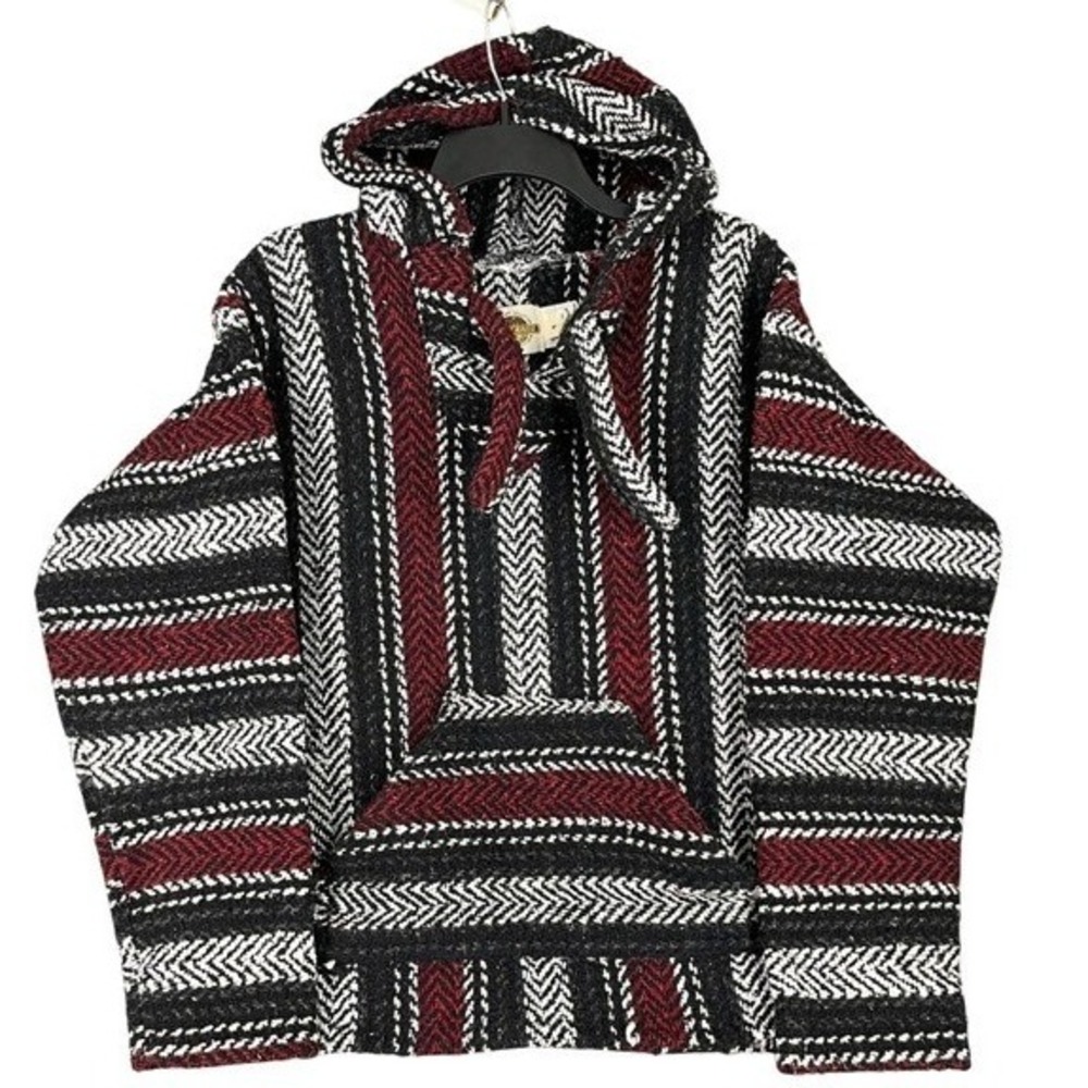 Earth Ragz Baja Hoodie Mens L Burgundy Black Stripe Woven Pullover Surf Poncho